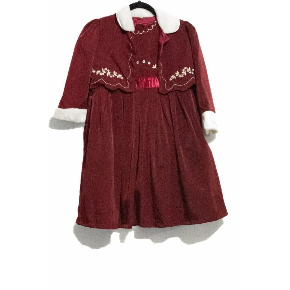 A & M Girls Red White Velvet Dress w 3/4 Sleeve Shrug Embroidered Knee Length 6